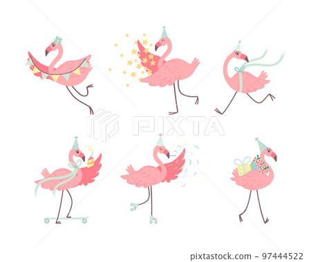 Cute Pink Flamingo in Birthday Party Hat with Gift Box and Garland Vector Set 97444522