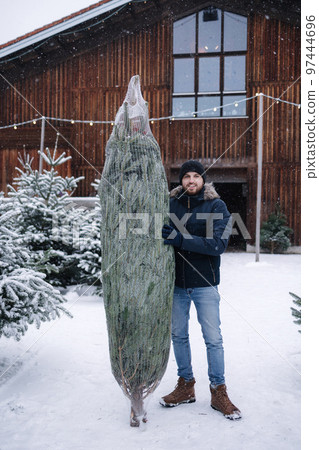 Young man stand by Christmas tree. Big tree for big family. Happy winter holidays Young man stand by Christmas tree. Big tree for big family. Happy winter holidays 97444696