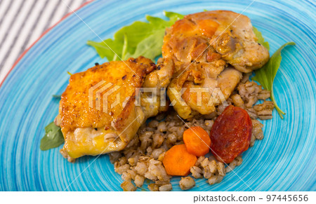 Chicken thighs with barley porridge, vegetables, arugula Chicken thighs with barley porridge, vegetables, arugula 97445656