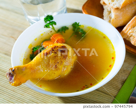 Picture of tasty soup of chicken, bacon and leek, served in bowl Picture of tasty soup of chicken, bacon and leek, served in bowl 97445794