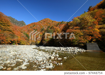Mitomikawaura, Yamanashi City, Yamanashi Prefecture Autumn foliage surrounding the erosion control dam beside the Futamata Suspension Bridge in the Nishizawa Valley and Mt. Keikan in the background Mitomikawaura, Yamanashi City, Yamanashi Prefecture Autumn foliage surrounding the erosion control dam beside the Futamata Suspension Bridge in the Nishizawa Valley and Mt. Keikan in the background 97448754