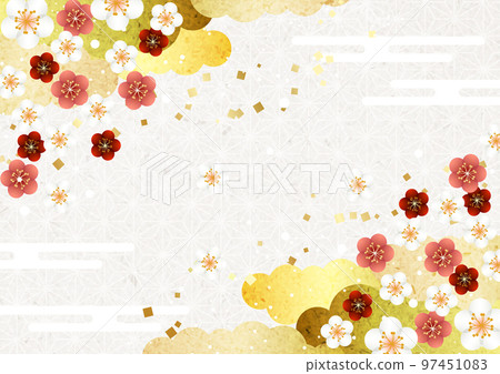 Red and white plum corner and golden cloud hemp leaf pattern background horizontal Red and white plum corner and golden cloud hemp leaf pattern background horizontal 97451083
