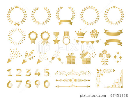 Commemorative and award decorative design frames, vector material set, gold illustration on white background. Commemorative and award decorative design frames, vector material set, gold illustration on white background. 97451538