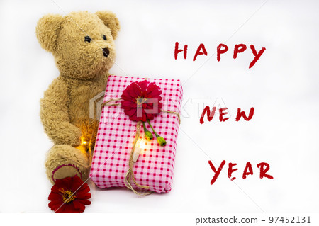 happy new year message card handwriting with gift box, teddy bear happy new year message card handwriting with gift box, teddy bear 97452131