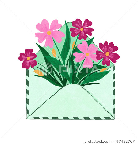 Hand drawn illustration of open letter envelope mailing list, sending business information invitation card. Pink spring summer flowers in green leaves red floral foliage, love thank you card . 97452767