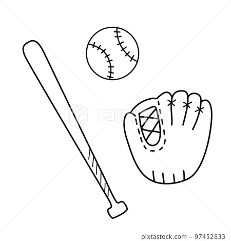 Baseball glove, bat and ball. Vector doodle illustration isolated on white. Outline sketch 97452833