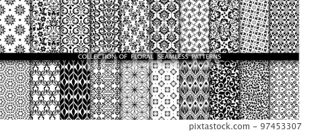Geometric floral set of seamless patterns. White and black vector backgrounds. Damask graphic ornaments. 97453307