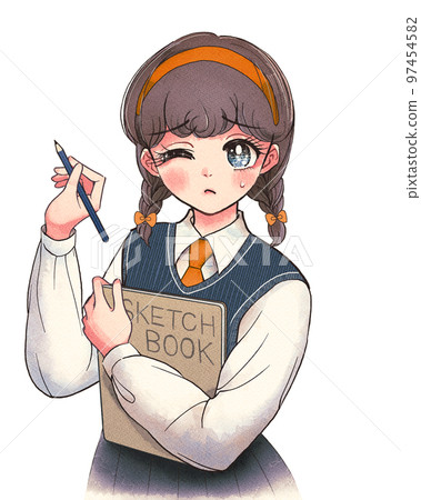 Retro cute high school student who is not good at analog style illustrations and croquis 97454582