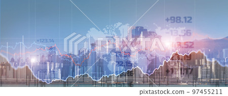 Double explosure with businesss charts and financial district of megapolis 97455211