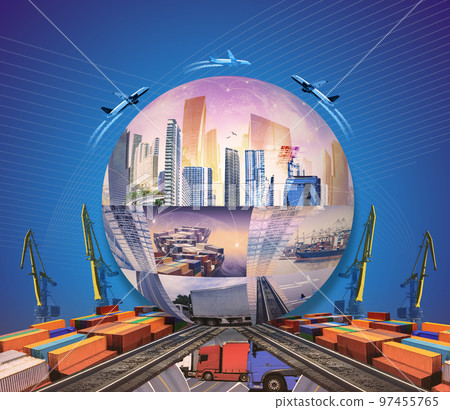 Industrial container cargo freight ship for import or export in port. Abstract design background, trucks and transport. Highway and delivering. Logistics concept Industrial container cargo freight ship for import or export in port. Abstract design background, trucks and transport. Highway and delivering. Logistics concept 97455765