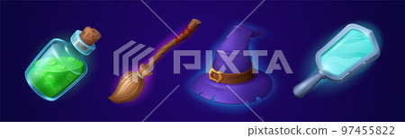 Witch accessories set isolated on dark background Witch accessories set isolated on dark background 97455822