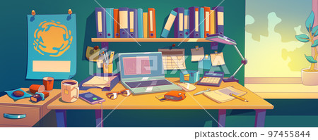Messy desk with laptop, papers and dirty cups Messy desk with laptop, papers and dirty cups 97455844