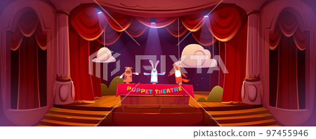 Puppet theater on stage, funny dolls perform show Puppet theater on stage, funny dolls perform show 97455946