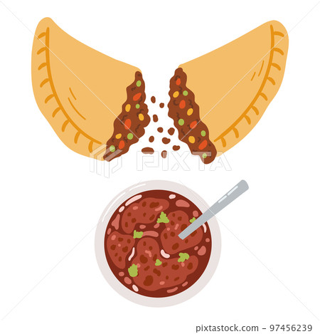 Empanadas in cartoon flat style. Hand drawn vector illustration of traditional Latino America food, folk cuisine Empanadas in cartoon flat style. Hand drawn vector illustration of traditional Latino America food, folk cuisine 97456239