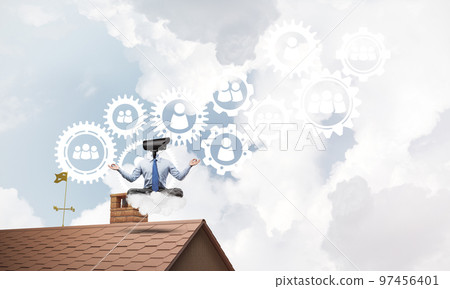 Concept of security and privacy protection with camera headed man meditating Concept of security and privacy protection with camera headed man meditating 97456401