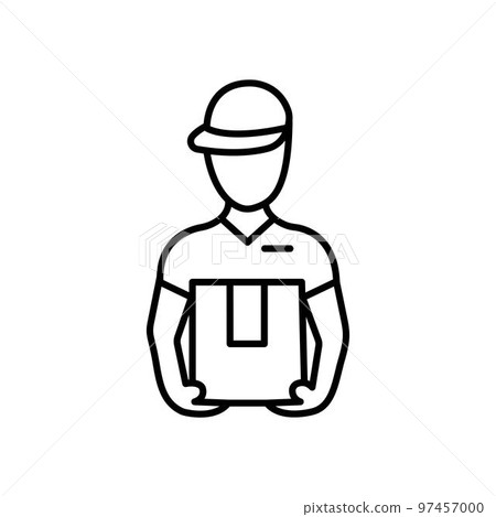 Deliveryman with parcel isolated courier holding cardboard box thin line icon. Vector outline postman with package. Delivery, postal service, express shipping and food delivery, online orders 97457000
