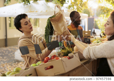 Cheerful person taking bag of organic veggies to deliver bio food order on bicycle, talking to female vendor at local market. Food delivery worker picking up fresh eco produce in backpack. 97457598