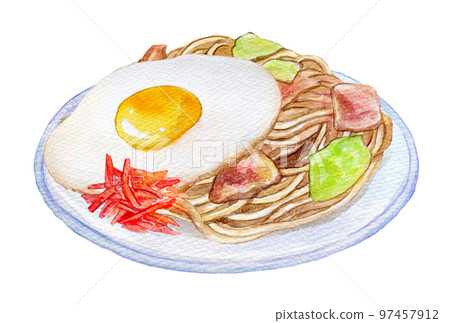 帶有煎蛋水彩插圖的 Yakisoba 97457912