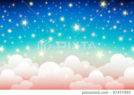 Pastel color sky with stars and clouds. Magical landscape, abstract fabulous pattern. Cute candy wallpaper. Vector. 97457993