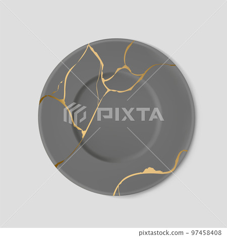 Gray plate with gold kintsugi. Crack and broken effects. Restoration of broken ceramic. Marble texture. Modern vector illustration. Japanese art of repair. Home decoration element Gray plate with gold kintsugi. Crack and broken effects. Restoration of broken ceramic. Marble texture. Modern vector illustration. Japanese art of repair. Home decoration element 97458408