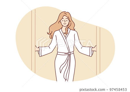 Woman in bathrobe while visiting SPA center looks forward to pleasant procedures. Vector image Woman in bathrobe while visiting SPA center looks forward to pleasant procedures. Vector image 97458453