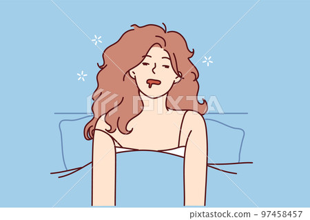 Disheveled woman in nightgown sits in bed after abrupt awakening or unpleasant dreams. Vector image 97458457