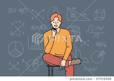 Smiling man sit near board with math formula Smiling man sit near board with math formula 97458486