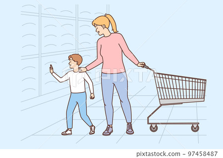 Mother and child with cart shopping in supermarket Mother and child with cart shopping in supermarket 97458487