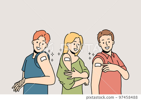 Smiling people show bandages after vaccination Smiling people show bandages after vaccination 97458488