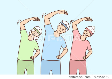 Elderly people do gymnastics together  97458489