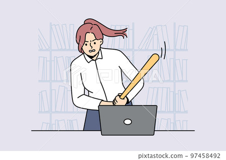Furious businesswoman crash computer with bat Furious businesswoman crash computer with bat 97458492