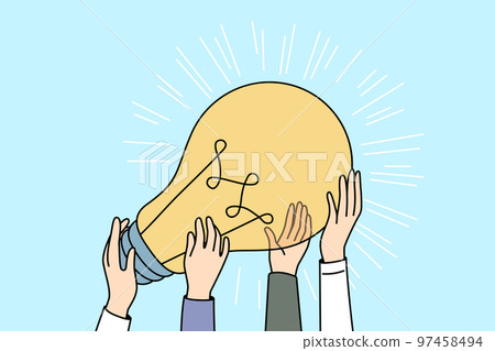 People hands hold huge lightbulb People hands hold huge lightbulb 97458494