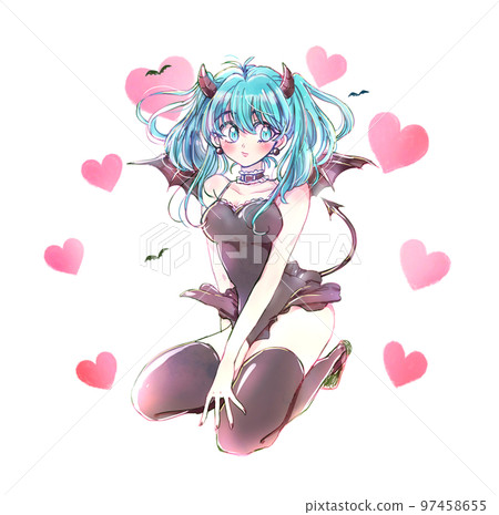 Little devil-like woman heart succubus light blue hair Little devil-like woman heart succubus light blue hair 97458655