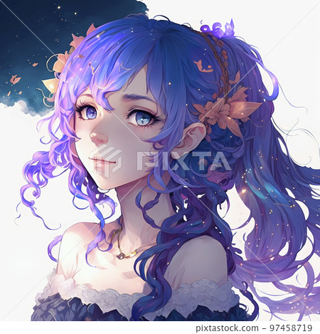 紫色和藍色漸變頭髮的動漫女孩優雅地微笑“AI 生成圖像” 97458719