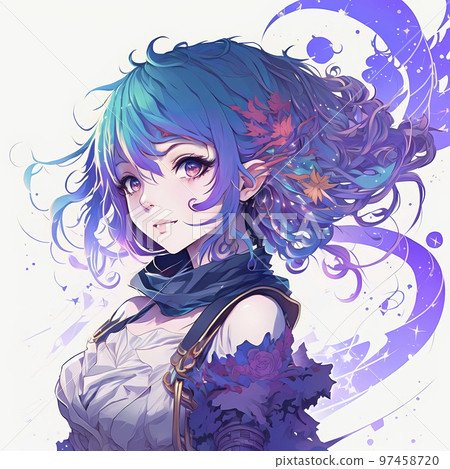 紫色和藍色漸變頭髮的動漫女孩優雅地微笑“AI 生成圖像” 97458720