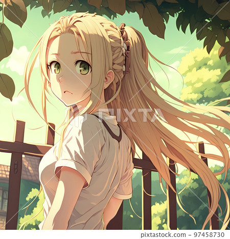 在清新的綠色花園裡看著這個的金髮美女“AI 生成圖像” 97458730