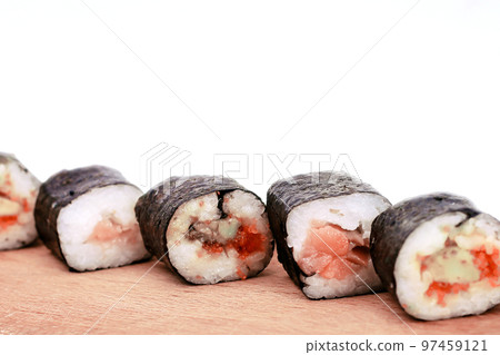 sushi rolls on a cutting Board.isolated on white 97459121
