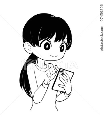 A woman who operates a smartphone (black and white) 97459206