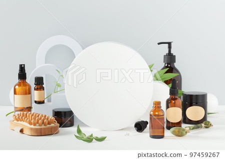 Various blank cosmetic container mock-ups on podiums and geometrical forms. Background for branding and packaging presentation Various blank cosmetic container mock-ups on podiums and geometrical forms. Background for branding and packaging presentation 97459267