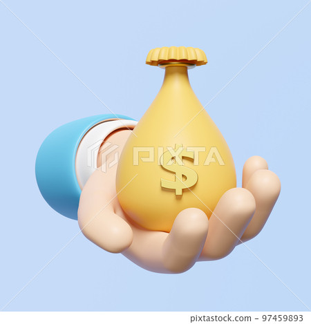 3d cartoon businessman hands holding money bag isolated on blue background. Quick credit approval or loan approval concept, 3d render illustration, clipping path 97459893