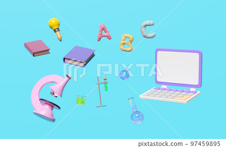 3d laptop computer monitor with microscope, beaker, test tube, character ABC clay toy icon float isolated on blue background. room online innovative education, 3d render illustration, clipping path 3d laptop computer monitor with microscope, beaker, test tube, character ABC clay toy icon float isolated on blue background. room online innovative education, 3d render illustration, clipping path 97459895