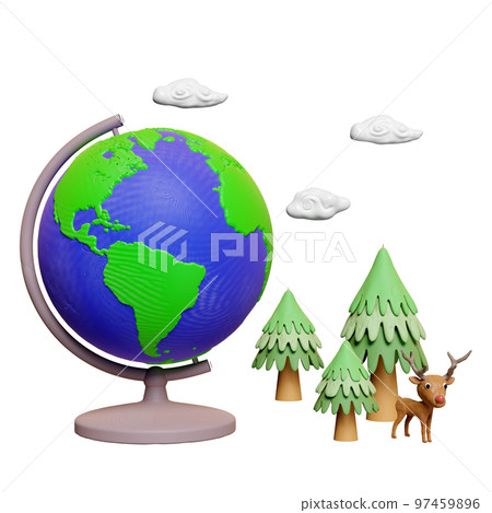3d planet earth model, globe rotating on stand from plasticine with deer standing on pine forest, clay toy icon isolated. earth day concept, 3d render illustration 3d planet earth model, globe rotating on stand from plasticine with deer standing on pine forest, clay toy icon isolated. earth day concept, 3d render illustration 97459896