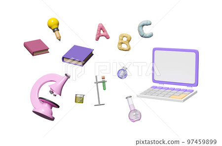 3d laptop computer monitor with microscope, beaker, test tube, character ABC clay toy icon float isolated. room online innovative education, 3d render illustration 3d laptop computer monitor with microscope, beaker, test tube, character ABC clay toy icon float isolated. room online innovative education, 3d render illustration 97459899