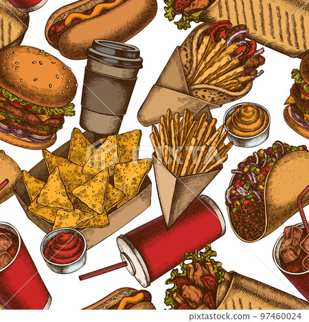 Street food seamless pattern background design. Engraved style. Hand drawn sauces, nachos, soda, burger, taco, shawarma, french fries, hot dog, paper cup. Street food seamless pattern background design. Engraved style. Hand drawn sauces, nachos, soda, burger, taco, shawarma, french fries, hot dog, paper cup. 97460024