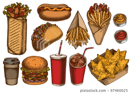 Street food hand drawn vector illustrations collection. Colored sauces, nachos, soda, gyros, burger, taco, shawarma, french fries, hot dog, paper cup. 97460025