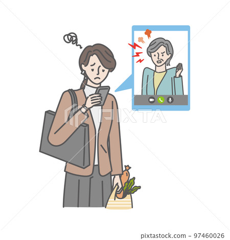 A woman on her way home from work who hears complaints from her mother (mother-in-law) on a smartphone video call A woman on her way home from work who hears complaints from her mother (mother-in-law) on a smartphone video call 97460026