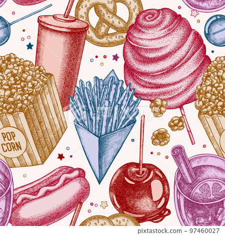 Carnival food seamless pattern background design. Engraved style. Hand drawn french fries, pretzel, popcorn, lemonade, hot dog, mulled wine, caramel apple, cotton candy, lollipop. Carnival food seamless pattern background design. Engraved style. Hand drawn french fries, pretzel, popcorn, lemonade, hot dog, mulled wine, caramel apple, cotton candy, lollipop. 97460027
