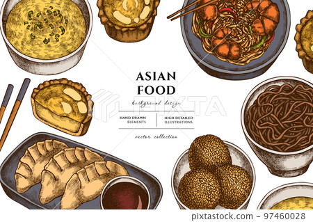 Asian food hand drawn illustration design. Background with retro jiaozi, jian dui, egg tart, noodles with shrimp, egg soup, noodles bowl. Asian food hand drawn illustration design. Background with retro jiaozi, jian dui, egg tart, noodles with shrimp, egg soup, noodles bowl. 97460028