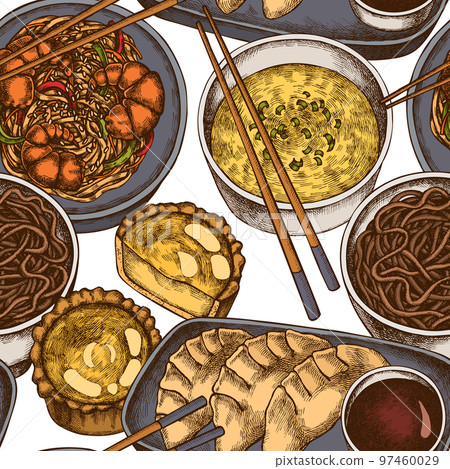 Asian food seamless pattern background design. Engraved style. Hand drawn jiaozi, egg tart, noodles with shrimp, egg soup, noodles bowl. Asian food seamless pattern background design. Engraved style. Hand drawn jiaozi, egg tart, noodles with shrimp, egg soup, noodles bowl. 97460029