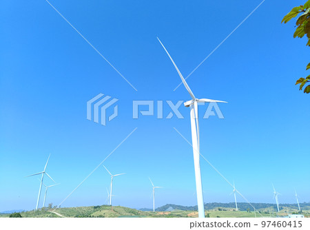 Travel nice windmill farm on a beautiful bright day in Khao Kho, Phetchabun 97460415